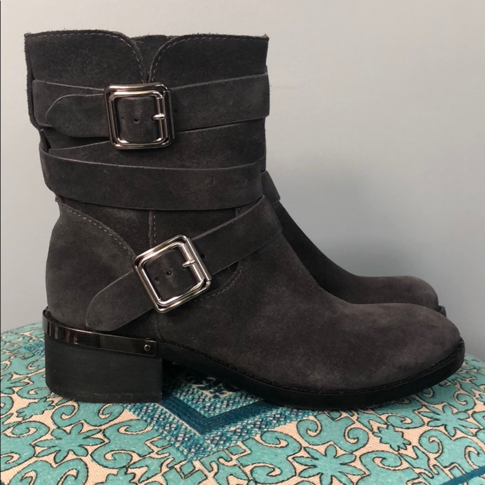 Grey suede Vince Camuto moto ankle boots